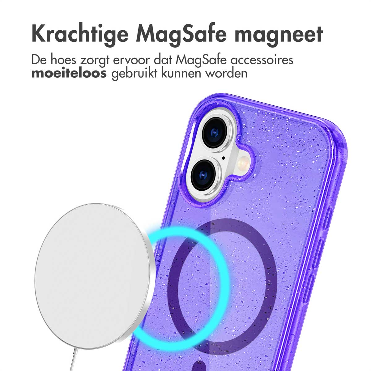 Coque de téléphone violette avec un anneau MagSafe. Un chargeur MagSafe est attaché.
