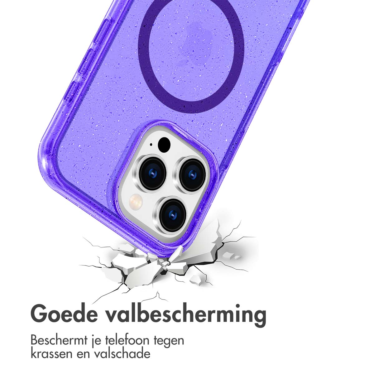 Paars telefoonhoesje dat een oppervlak breekt. De hoes heeft een MagSafe ring.