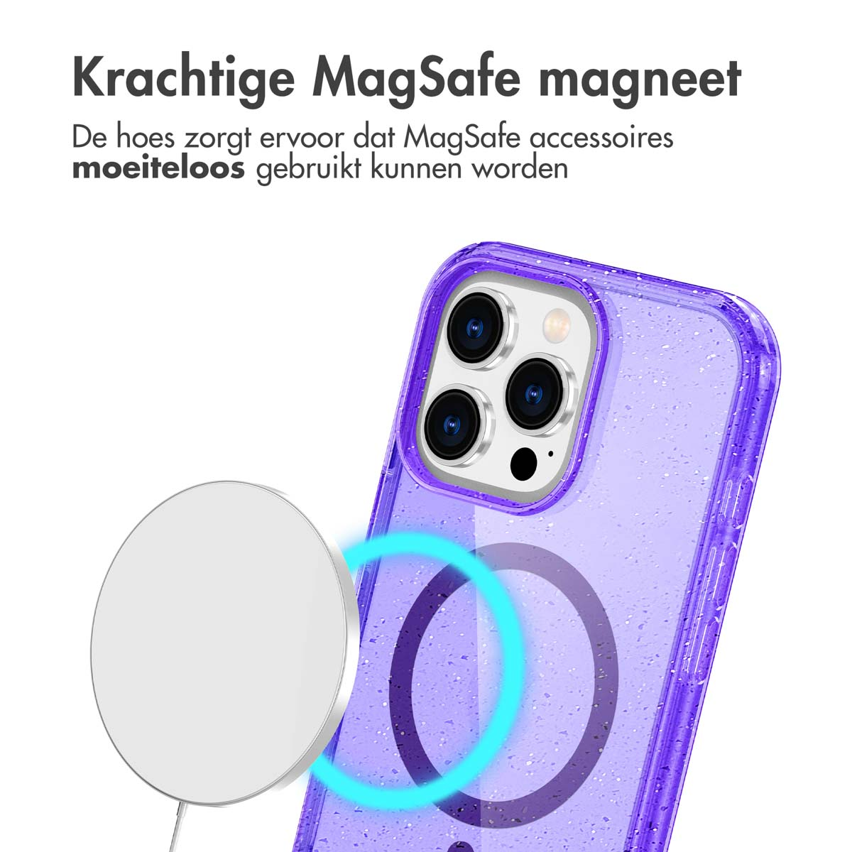 Een paarse telefoonhoes met een Magsafe-magneet. Tekst zegt "Kractige MagSafe magneet".