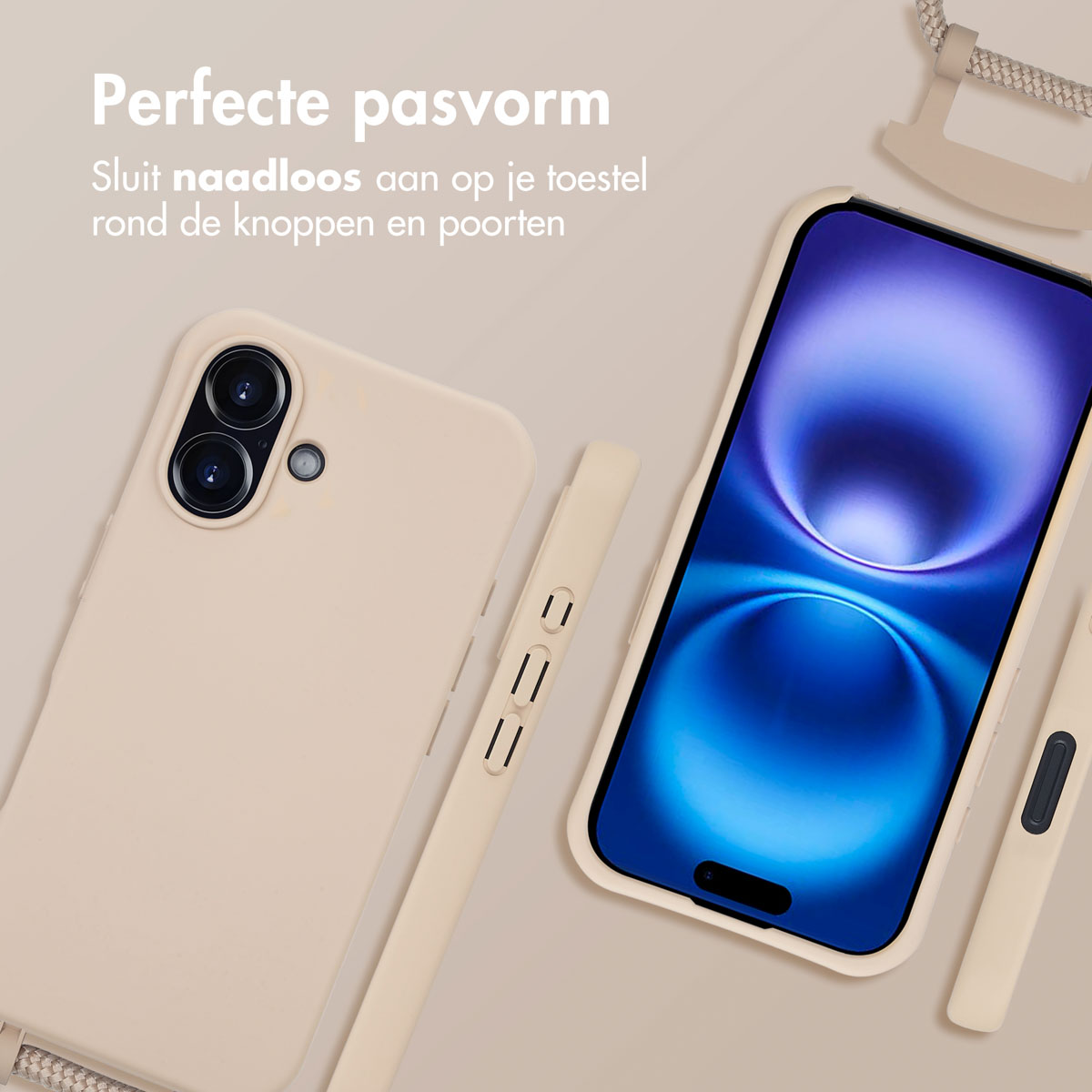 Twee telefoonhoesjes en een telefoon met een bandje. Ze zijn allemaal beige met een blauw scherm. De telefoon zit in de hoes.