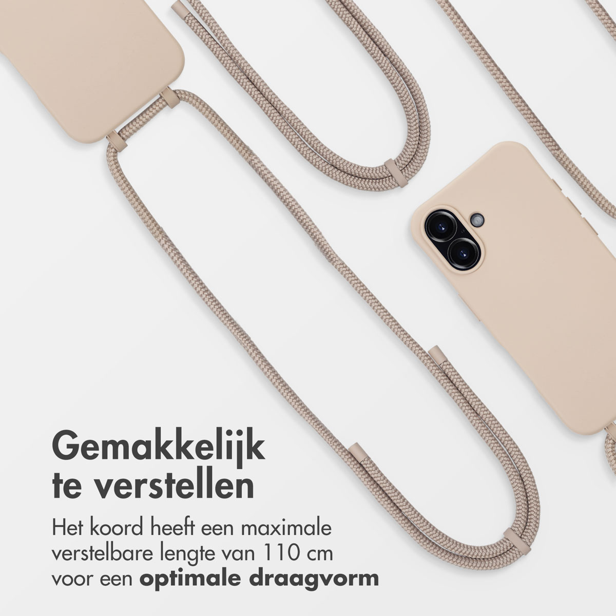 Telefoon en telefoonhoesje met een koord. Beige kleurenthema.