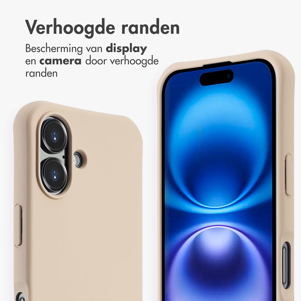 Beige telefoonhoesje met een telefoon. Het telefoonscherm is blauw.