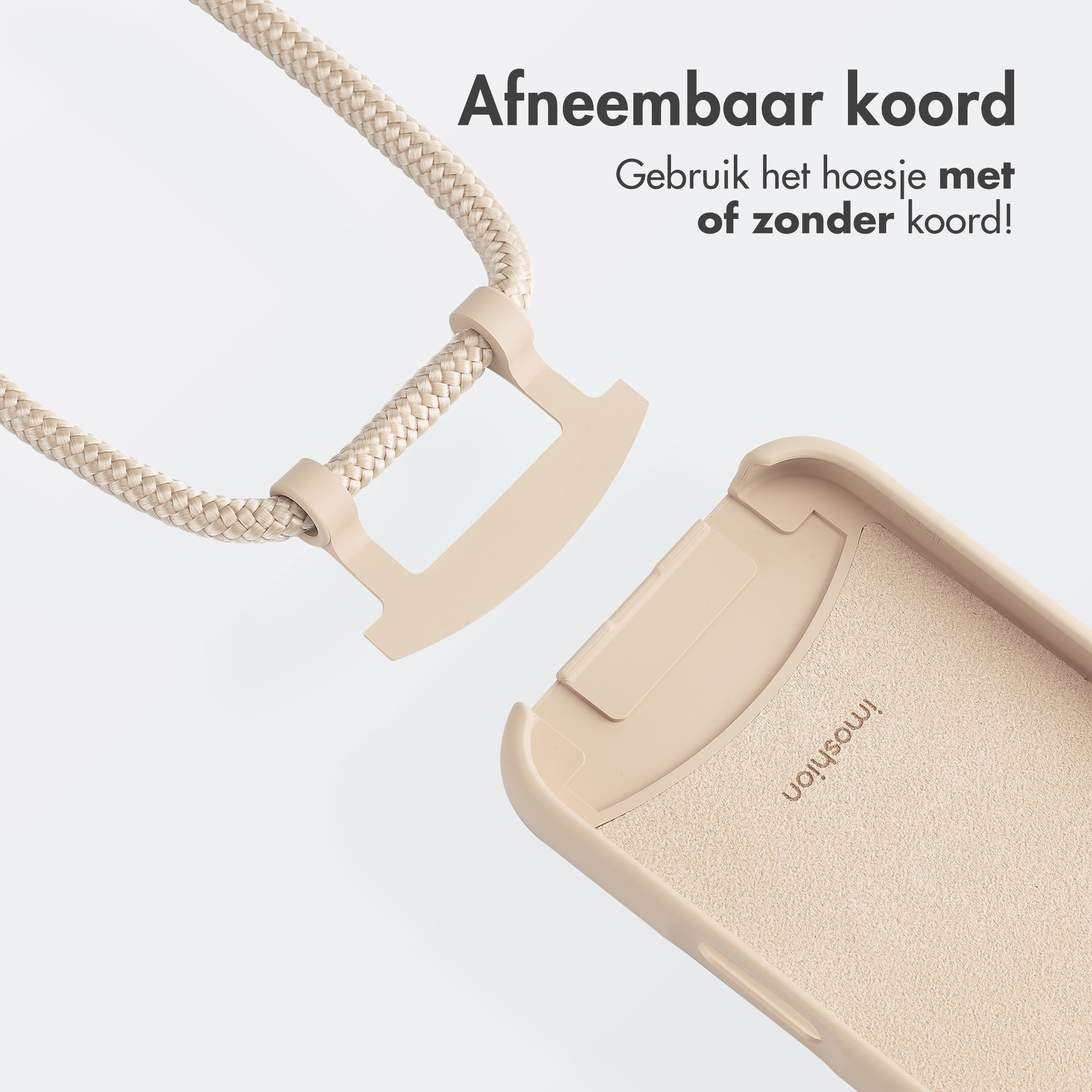 Afneembaar telefoonsnoer. Beige telefoonhoesje en snoer.
