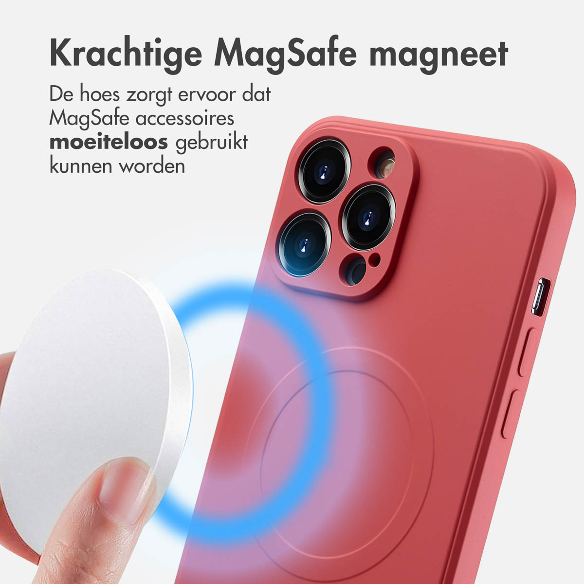 Un étui de téléphone rouge avec un chargeur MagSafe blanc. Texte : 'Aimant MagSafe'.