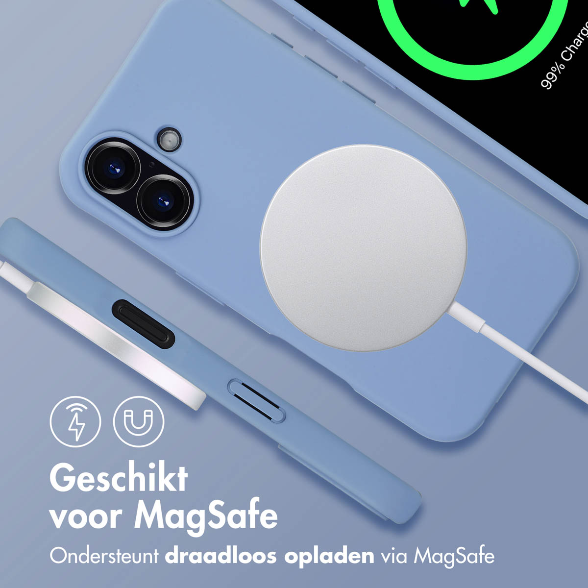 Blauwe telefoonhoes met oplaadpad. Tekst: 'Geschikt voor MagSafe, ondersteunt draadloos opladen'.
