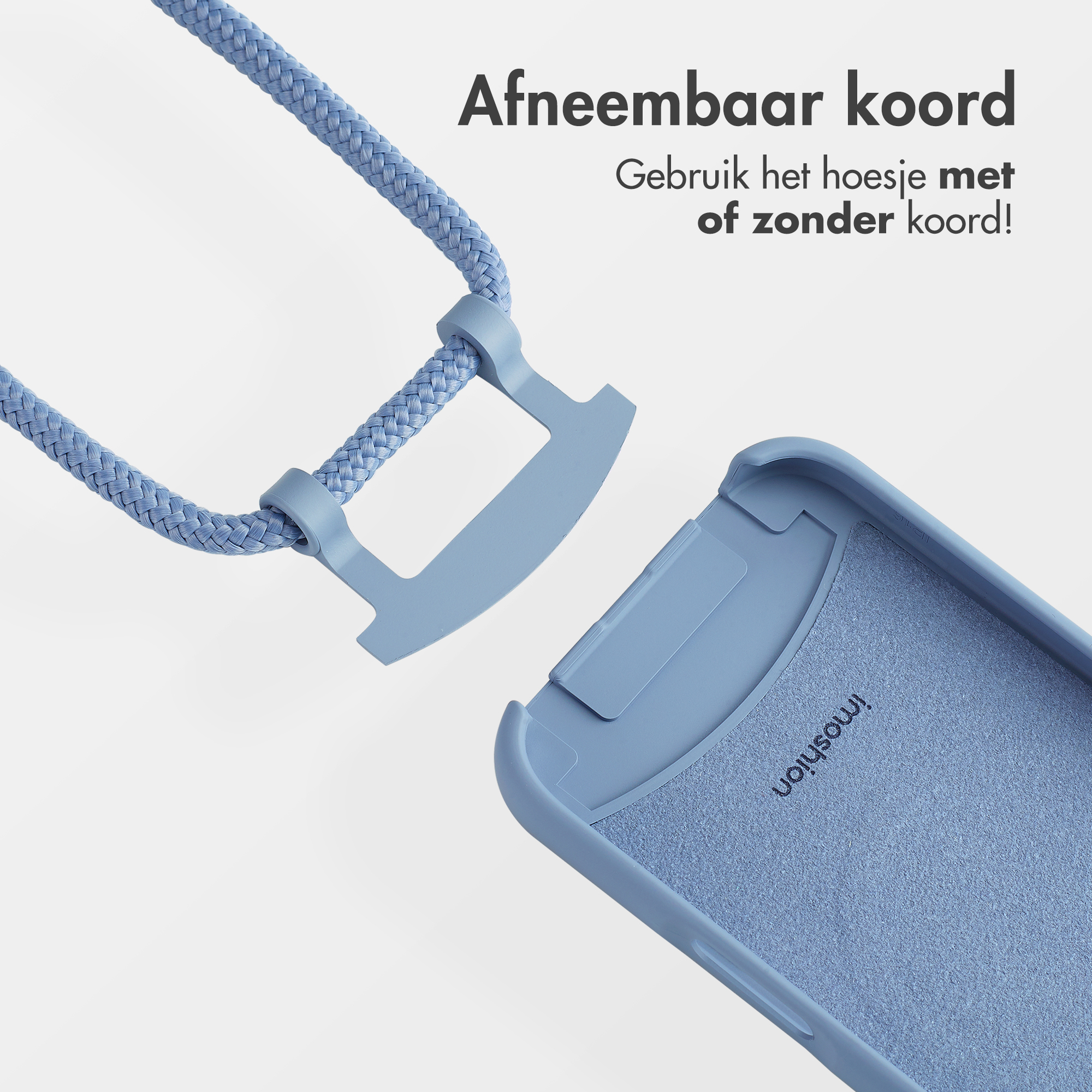 Lichtblauwe telefoonhoes en een blauw touw. Het touw is verbonden met een accessoire voor de telefoonhoes.