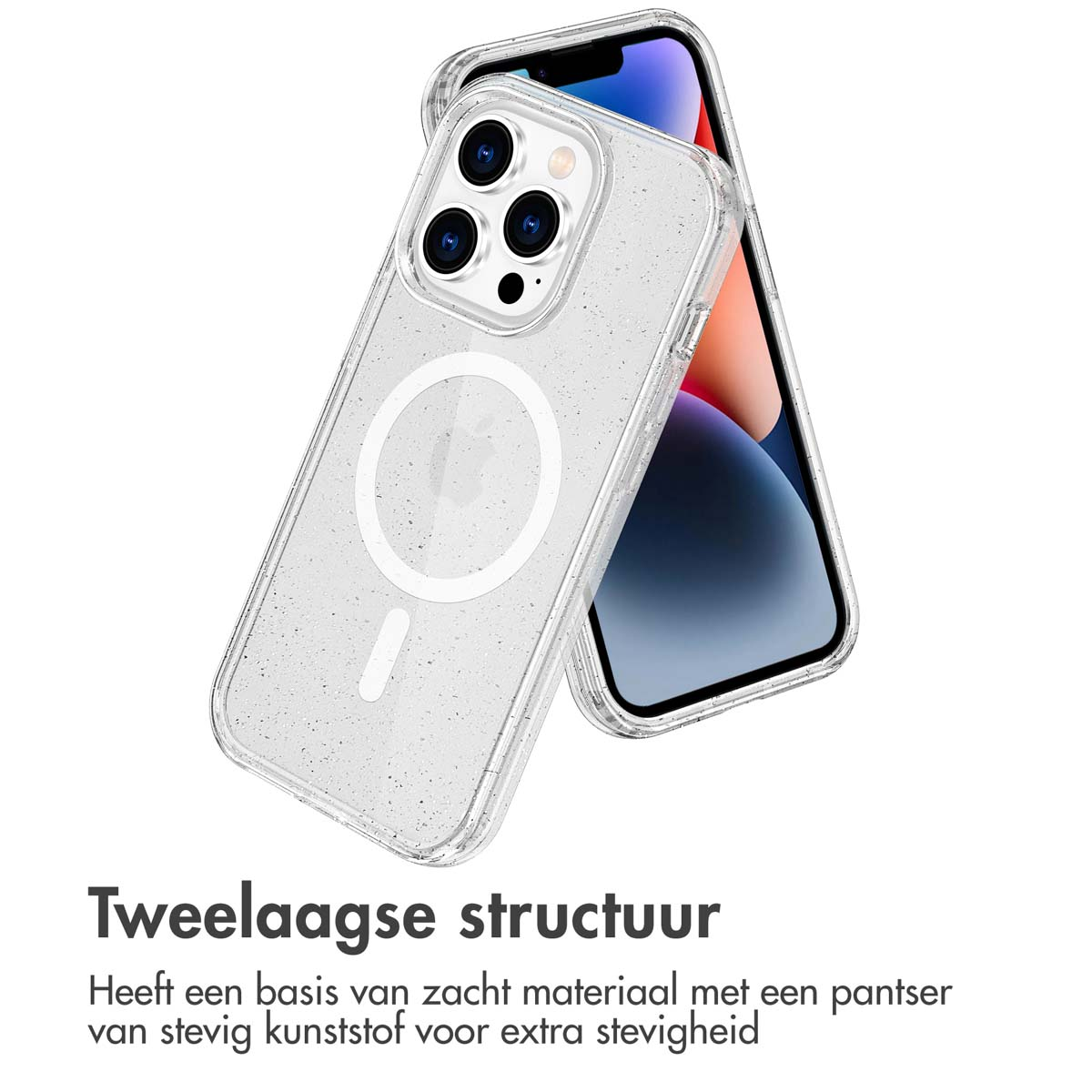 Transparante telefoonhoes met telefoon erin. Tekst zegt, Twee-laagse structuur.