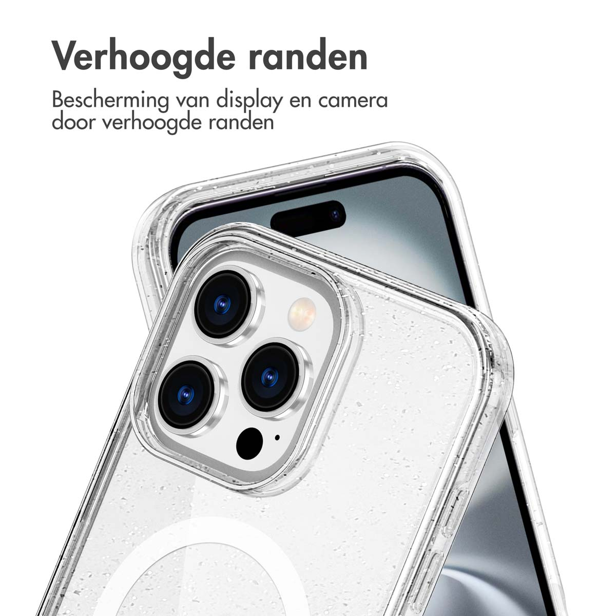 Een telefoonhoesje met een doorzichtige achterkant, die de telefoon laat zien. Camera- en schermbeschermer.