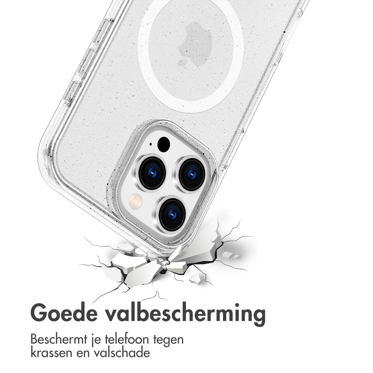 Transparante telefoonhoes met telefoon erin. Hoesje is gebarsten, met gebroken oppervlak.