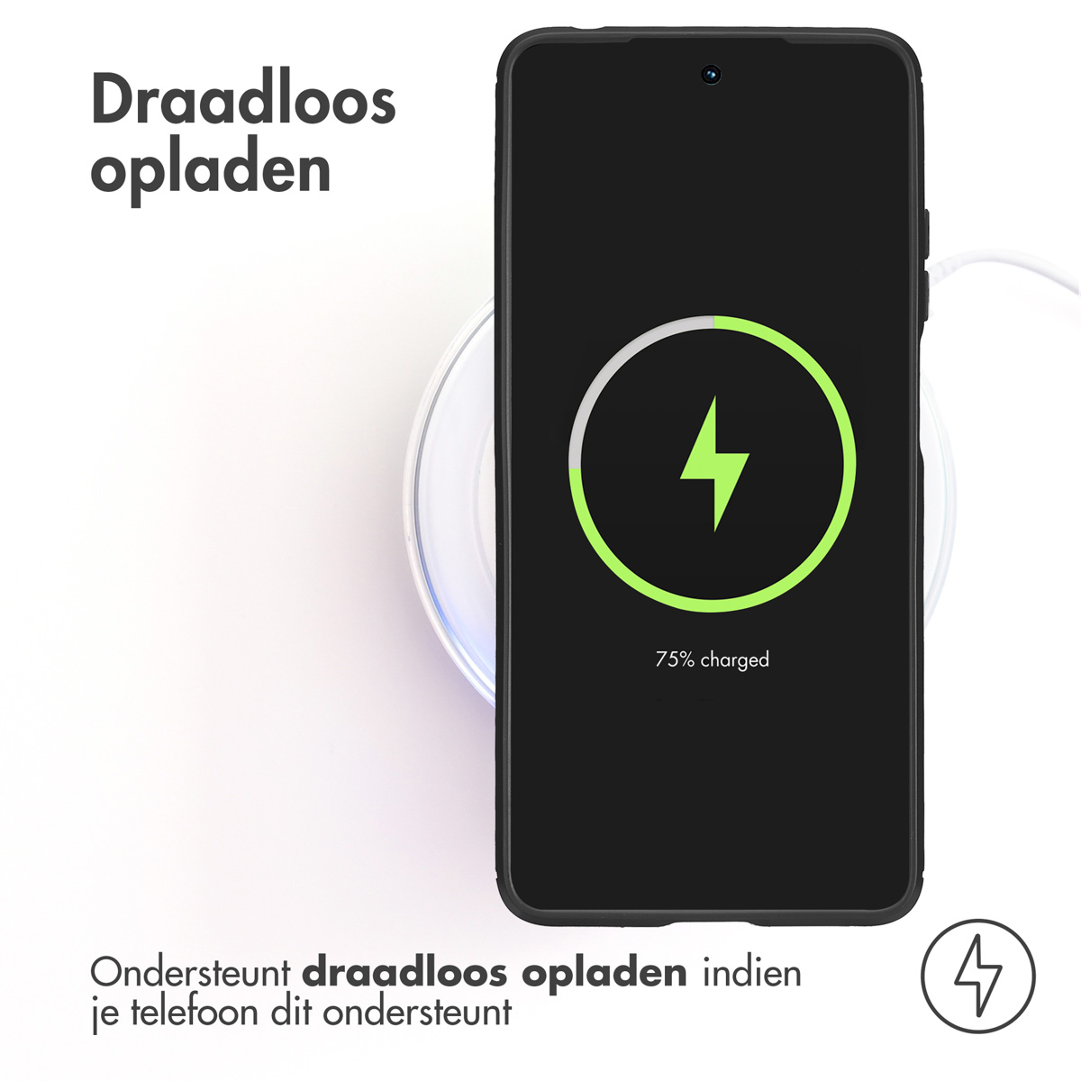 Telefono nero che si carica in modalità wireless su un pad bianco. Il telefono mostra il simbolo di carica e il 75%. Testo: 'Ricarica wireless'.