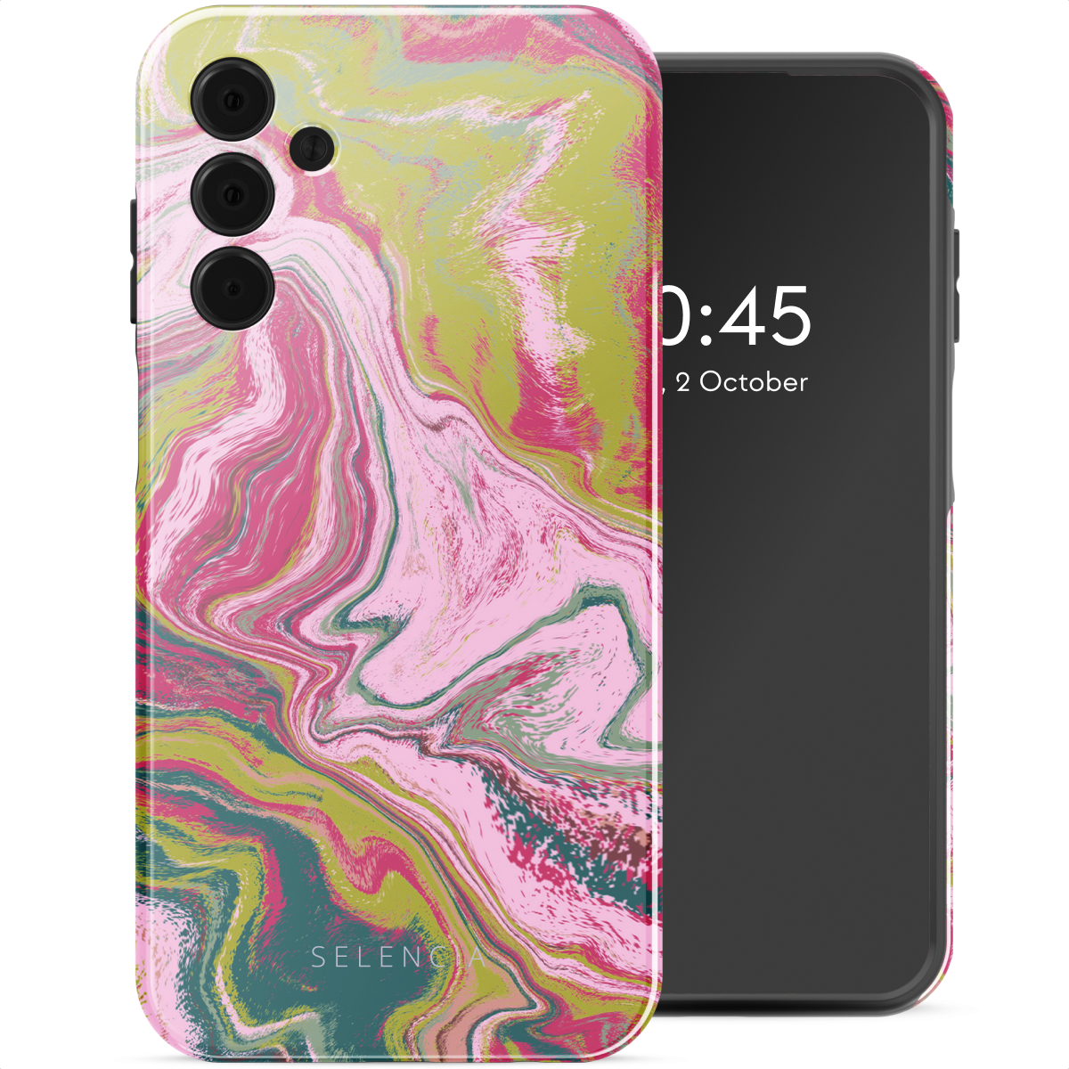 Telefoon in een roze, groene en gele wervelcase. Zwart scherm met tijdweergave. Witte achtergrond.