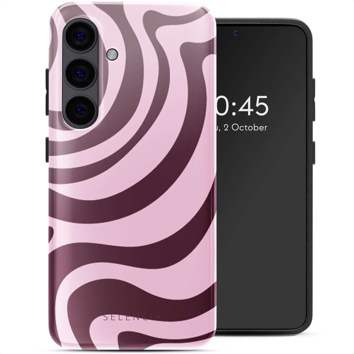 Custodia per telefono con linee ondulate rosa e marroni. Il telefono mostra l'ora e la data. Logo SELENCIA.