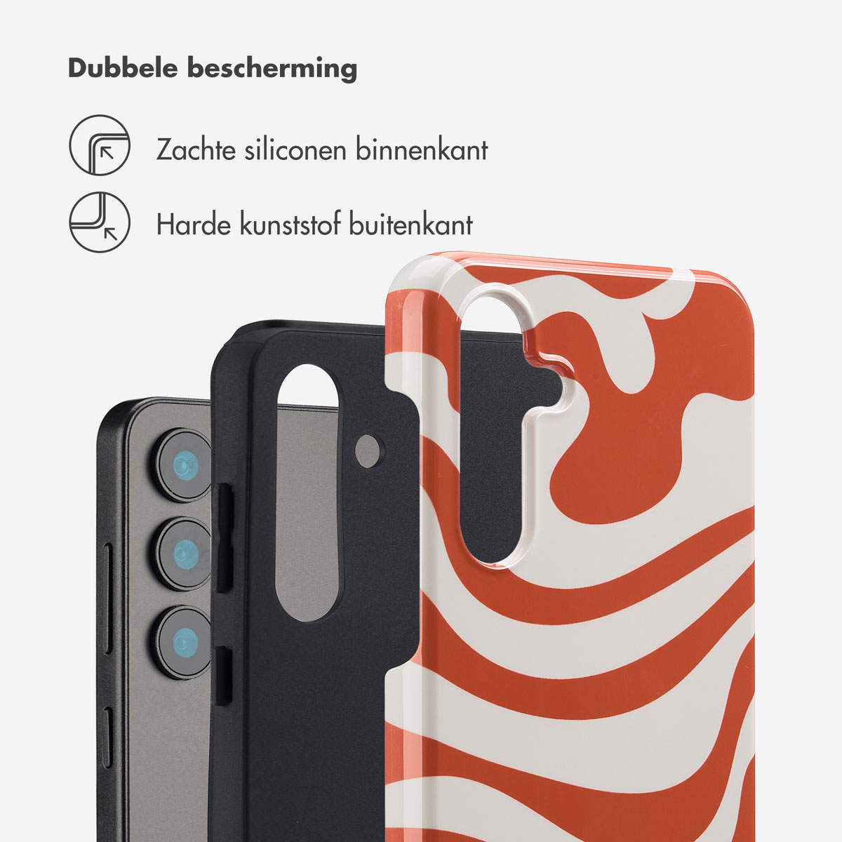 Téléphone avec une coque à volutes rouge et blanche, un téléphone noir à l'intérieur.