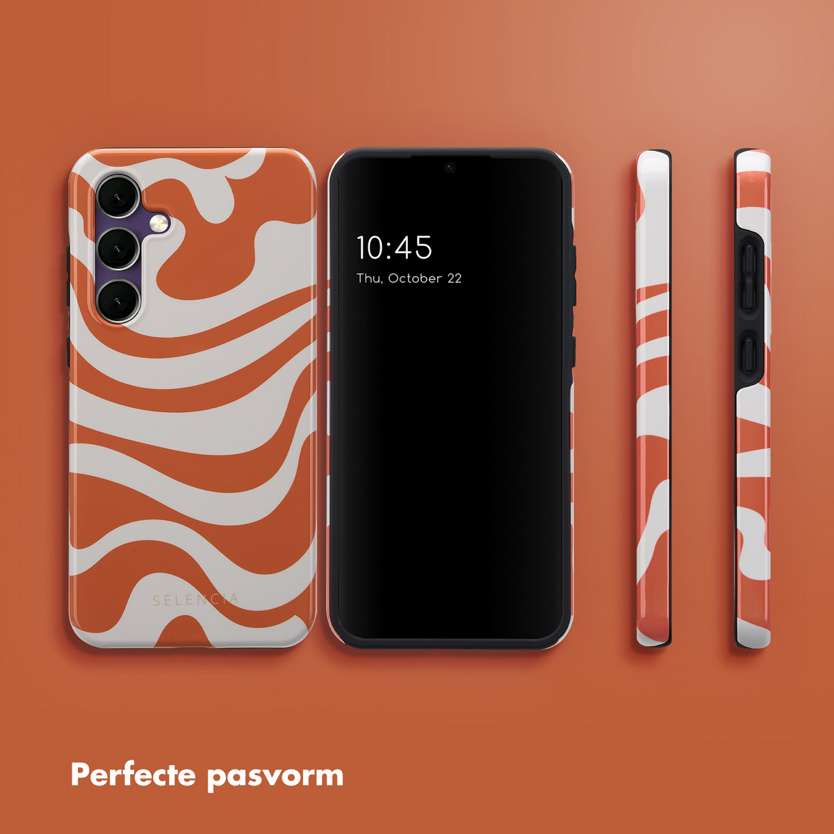 Téléphone dans un étui, design ondulé orange et blanc, trois vues, fond orange.