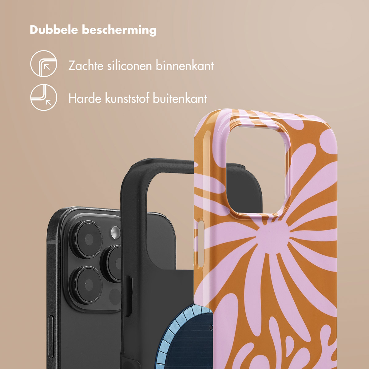 Telefoonhoesje: bloemenontwerp op de achterkant. Zwarte telefoon komt door. Tekst: dubbele bescherming.