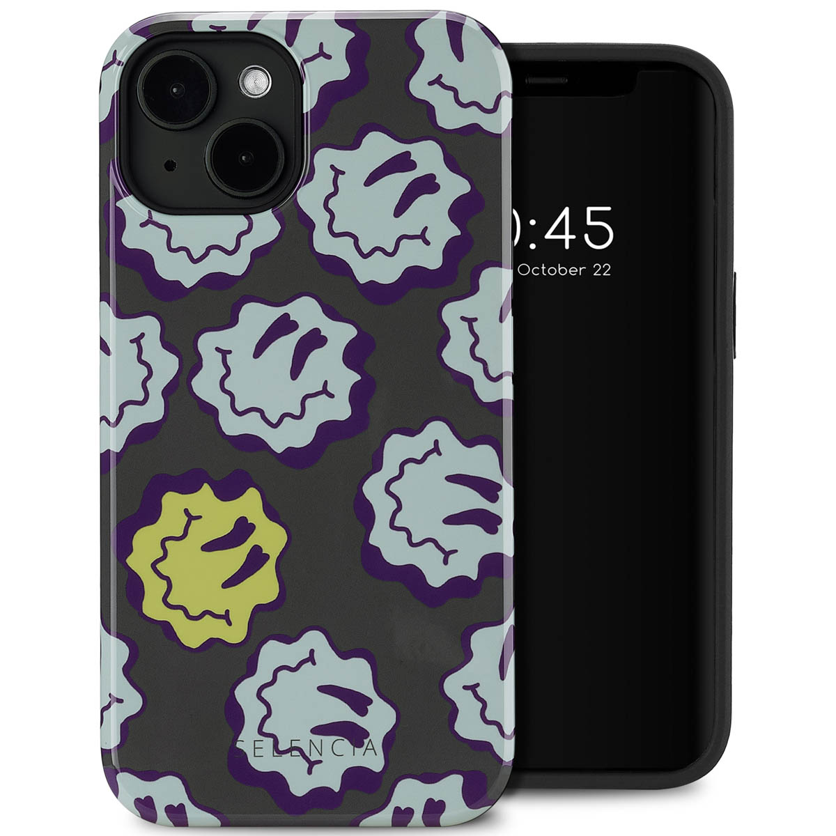 Custodia per telefono con un motivo colorato e un telefono. Il telefono mostra la data.