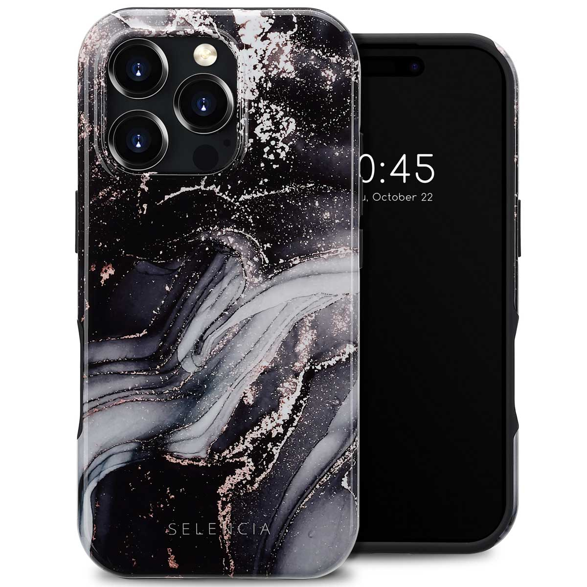 Téléphone avec étui. L'étui a un design en marbre noir et blanc avec des accents dorés. Le téléphone est noir.