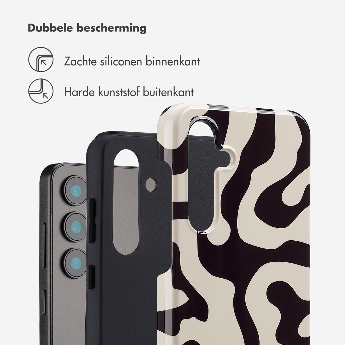 Een telefoonhoesje met een zwart en crème wervelontwerp.