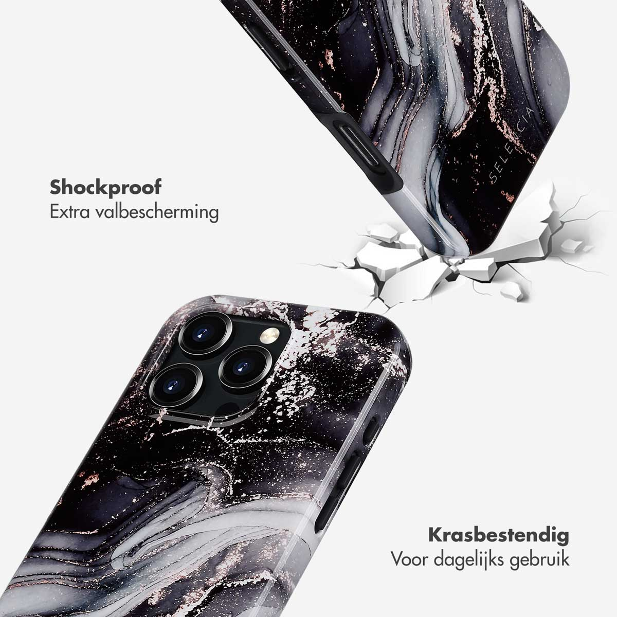 Deux coques de téléphone avec un motif marbre. L'une tombe et se fissure. Texte : 'Antichoc' et 'Résistant aux rayures'.