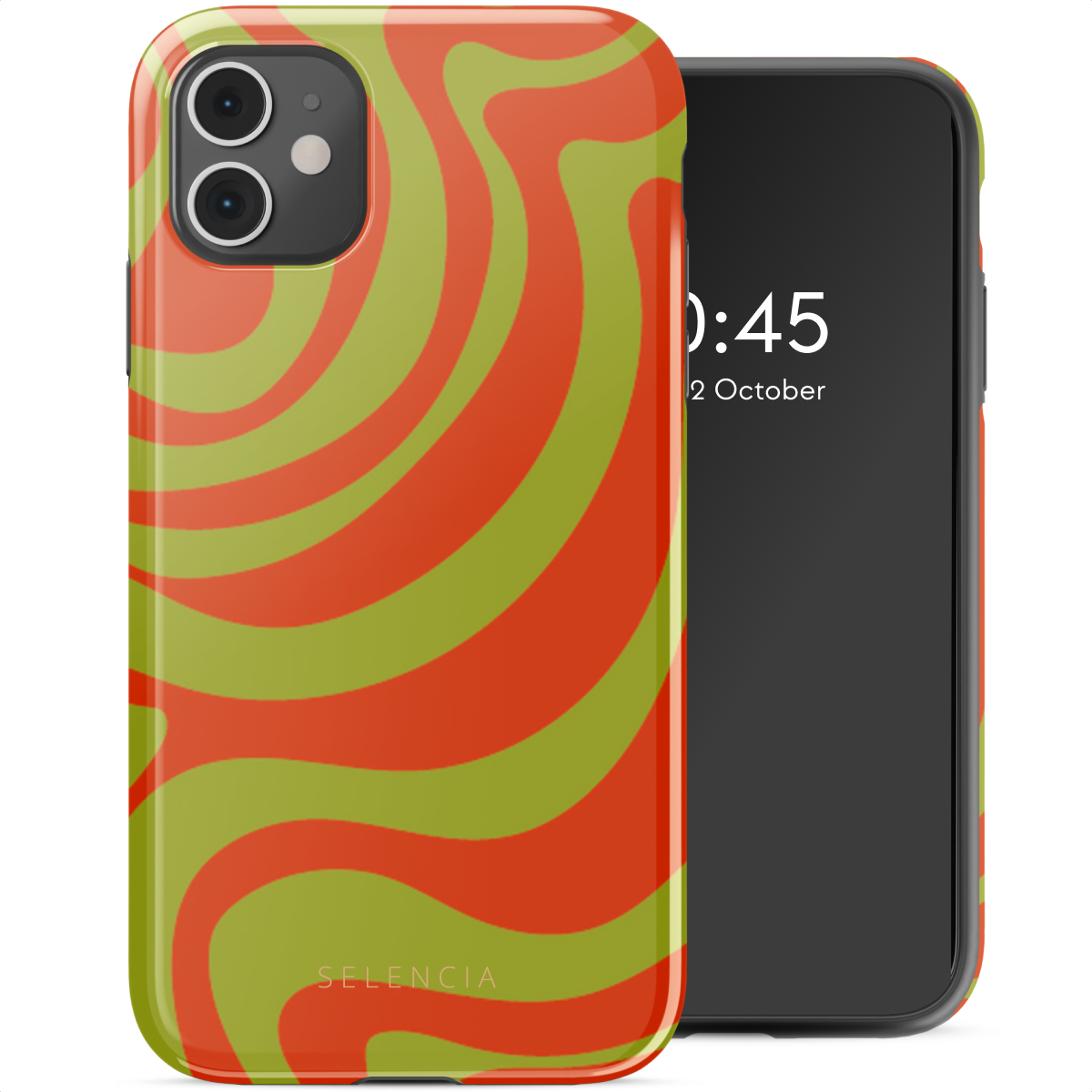 Telefono con custodia dal design ondulato verde e arancione. Lo schermo mostra sfondo bianco con ora.