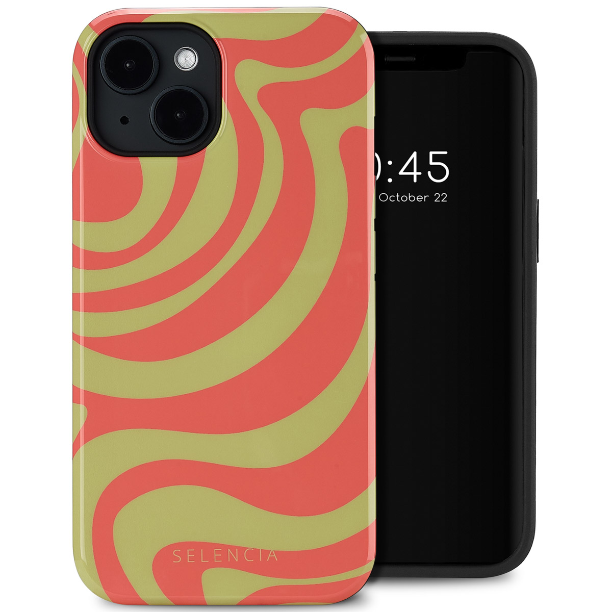 Een telefoon met hoesje. Het hoesje heeft een wervelend rood en olijfpatroon. De telefoon is zwart.