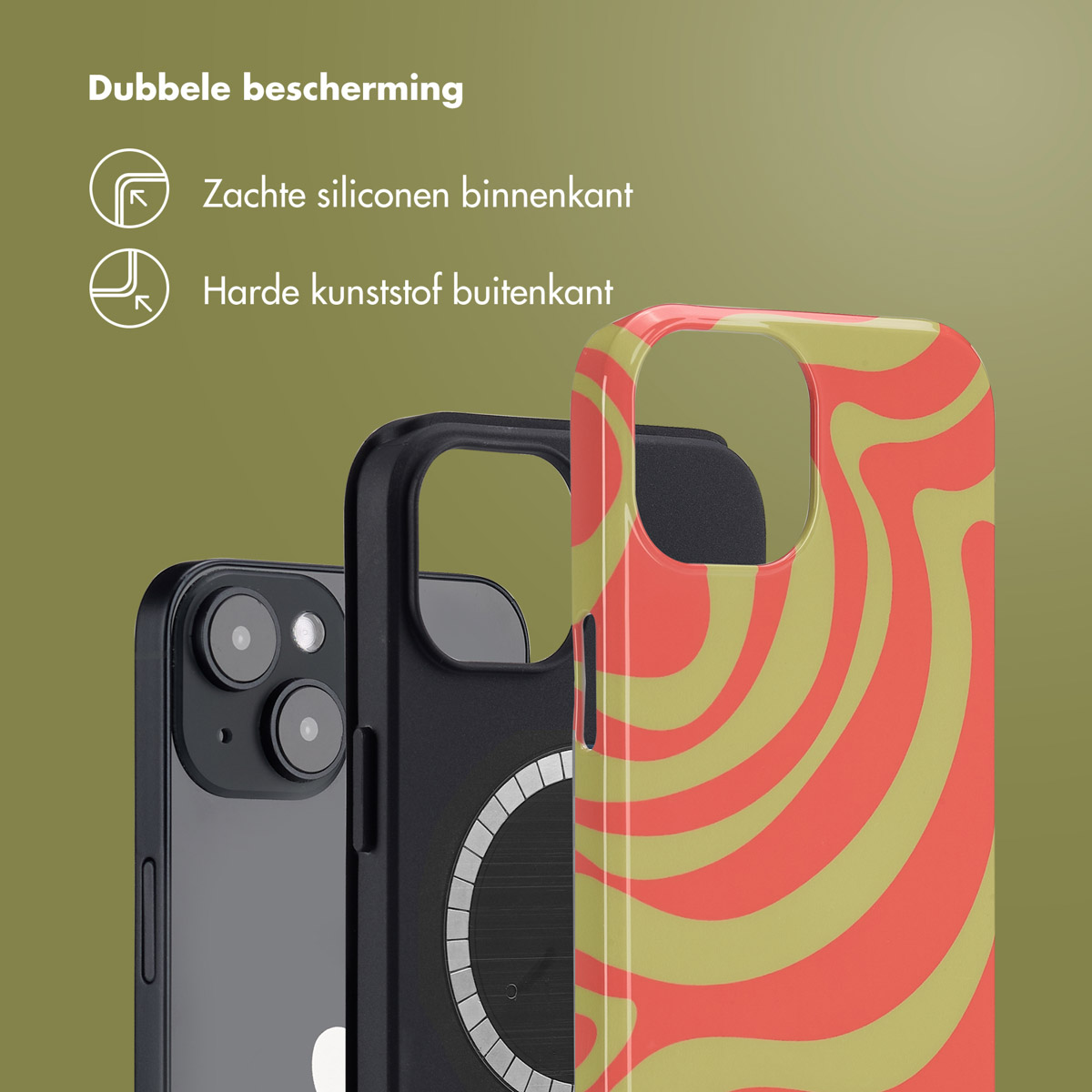 Drie telefoonhoesjes gestapeld. Zwart, zwart met een magneet, en roze en gele swirl design.