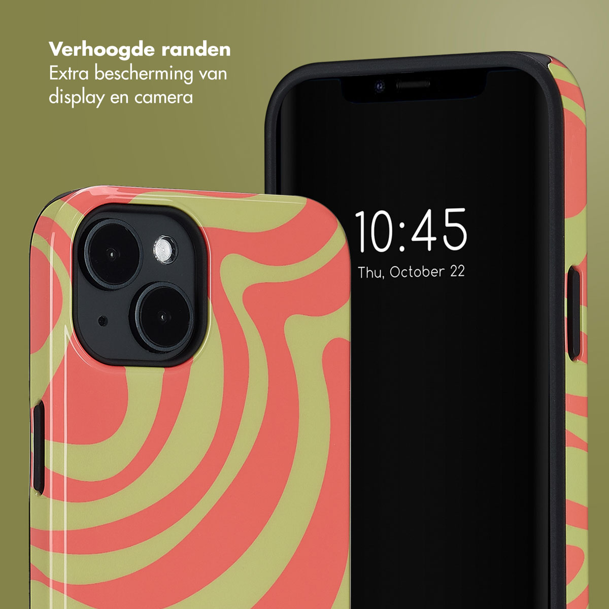 Telefoonhoesje met een rood en geel golvend patroon. Telefoonscherm toont tijd, 10:45, datum, 22 okt. Tekst: Verhoogde randen.