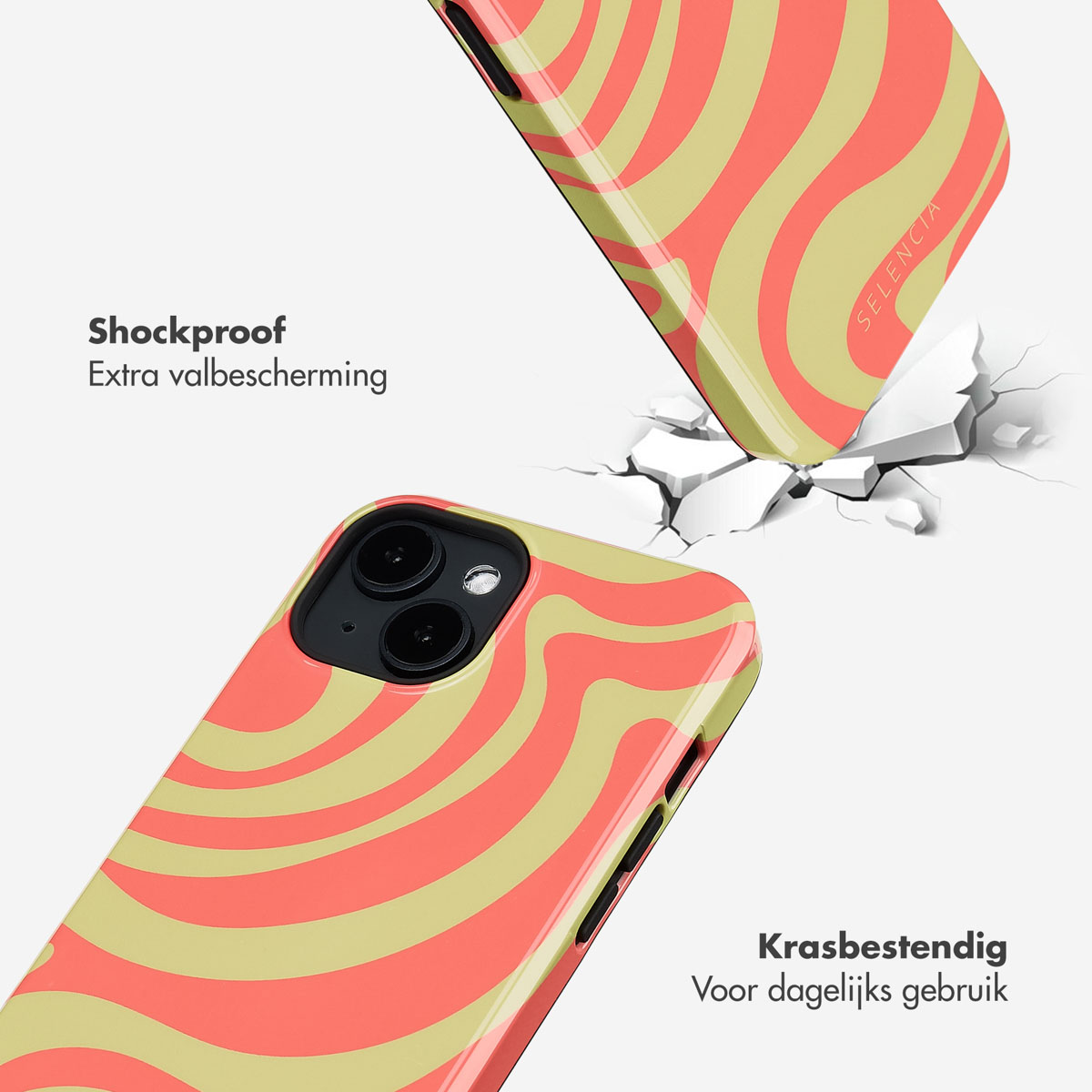 Twee telefoonhoesjes, één valt, met een golfpatroon. De achtergrond is gebarsten, toont schokbestendig.