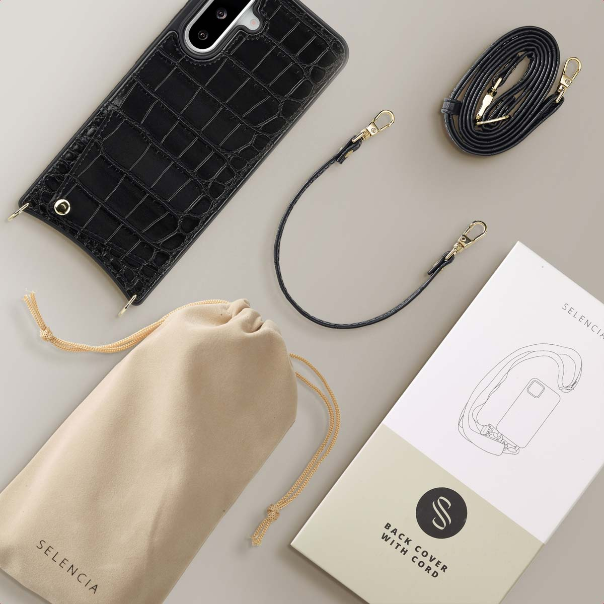 SELENCIA Nova Croco Backcover met koord en pashouder - Geschikt voor Samsung Galaxy A36 / A56 - Telefoonhoesje voor Samsung Samsung Galaxy A36/Samsung Galaxy A56 (5G) Zwart
