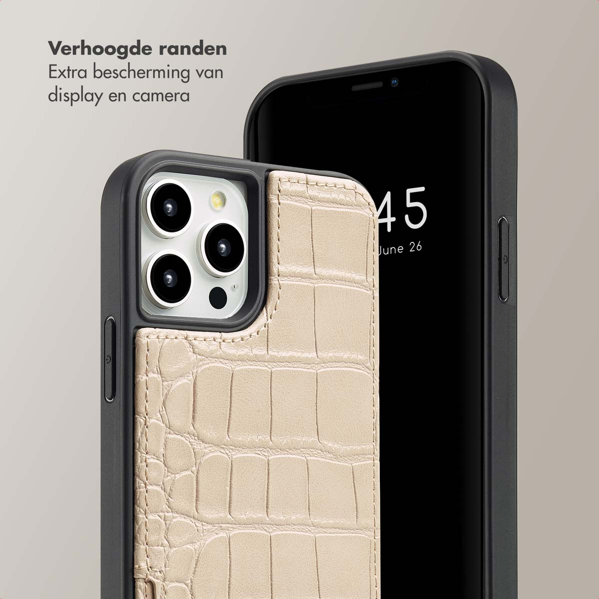 SELENCIA Nova Croco Backcover met koord en pashouder - Geschikt voor Apple iPhone 12 (Pro) - Telefoonhoesje voor Apple iPhone 12/ iPhone 12 Pro Beige