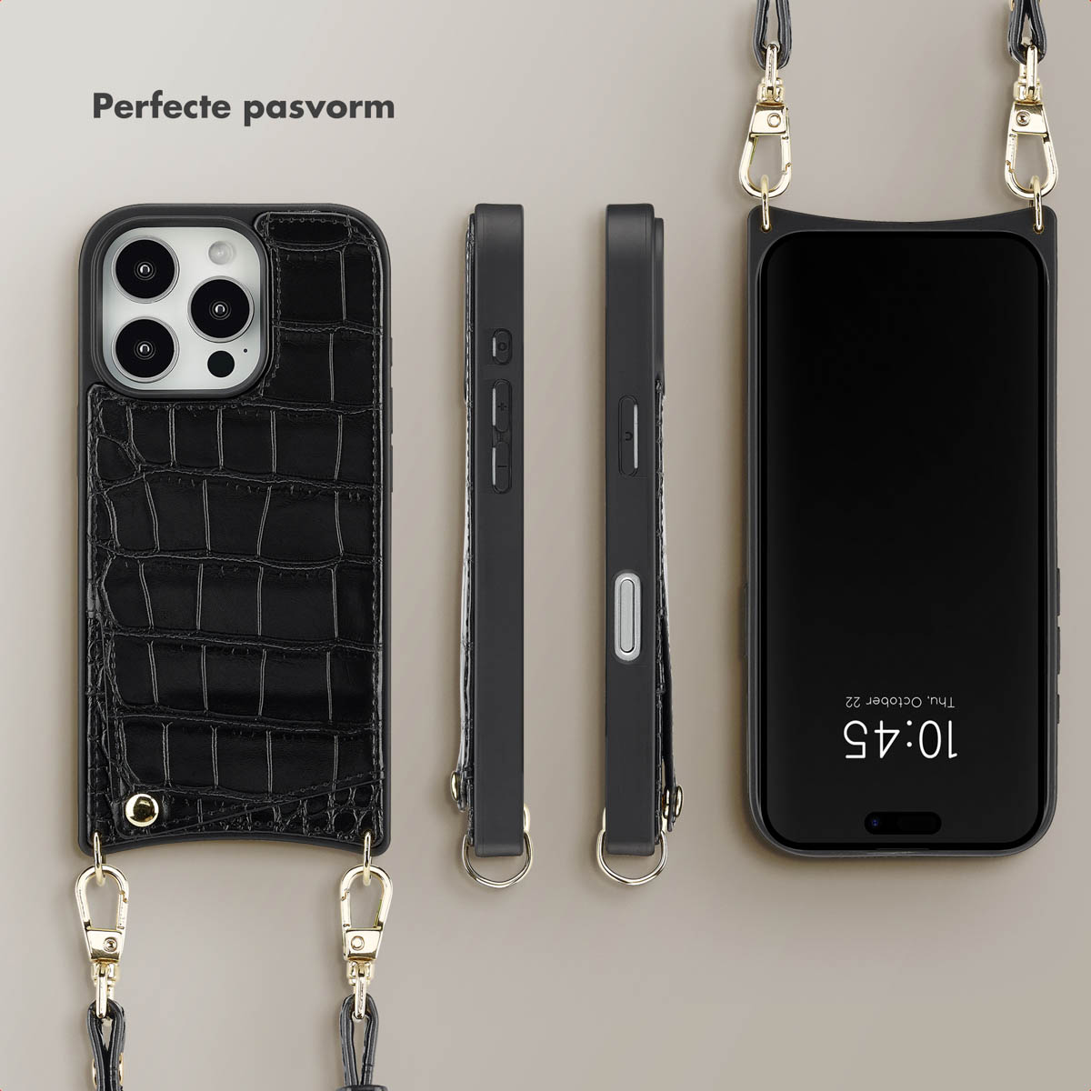 SELENCIA Nova Croco Backcover met koord en pashouder - Geschikt voor Apple iPhone 16 Pro - Telefoonhoesje voor Apple iPhone 16 Pro Zwart