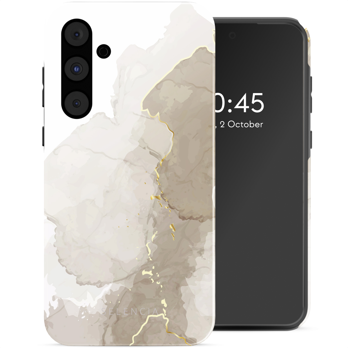Téléphone avec un étui en marbre affichant un téléphone avec un écran noir.