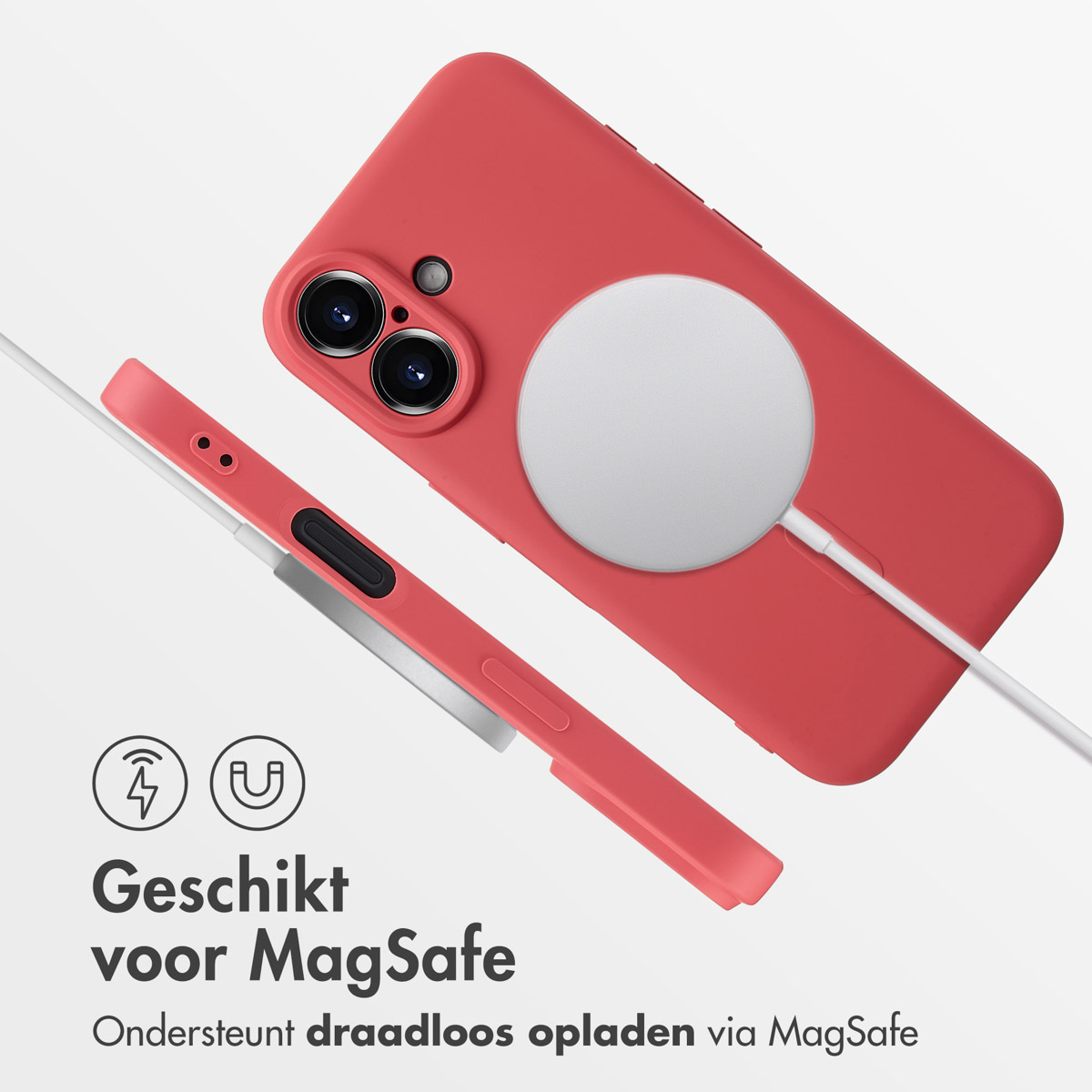 Coque rouge avec accessoire MagSafe. Texte : Adapté au MagSafe. Prend en charge la recharge sans fil.
