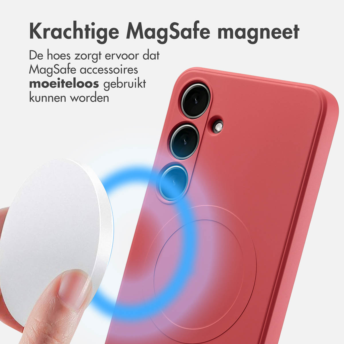 Rode telefoonhoes met witte cirkelvormige oplader. Blauwe magnetische veldlijnen zijn zichtbaar.