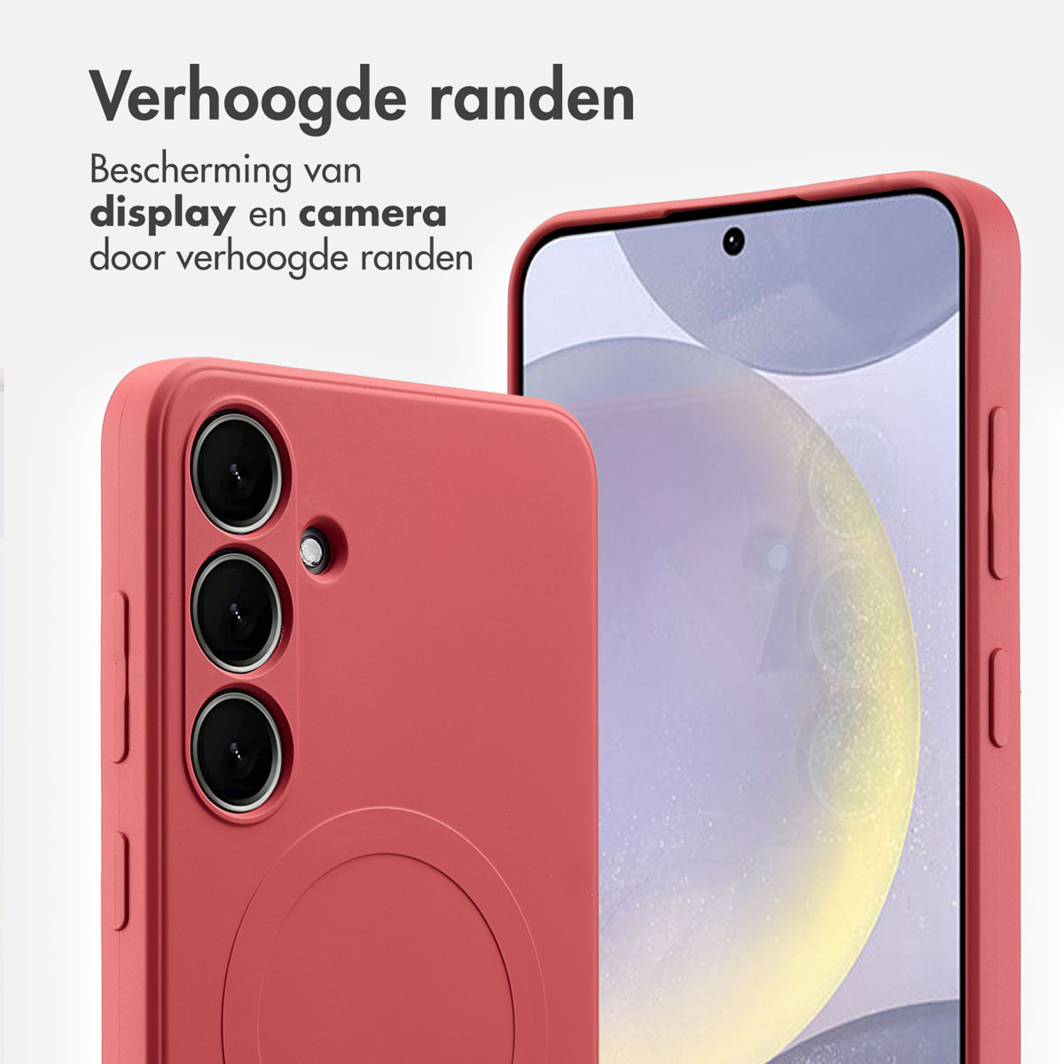 Rood telefoonhoesje met een telefoon, met de camera en het scherm met het woord 'display'.