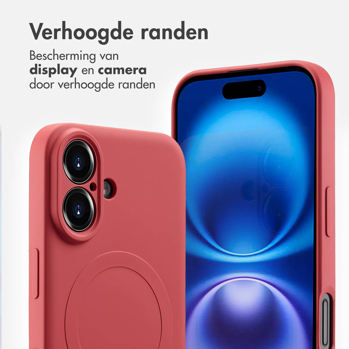 Deux téléphones avec des étuis à bords surélevés, un avec un écran bleu et un rouge.