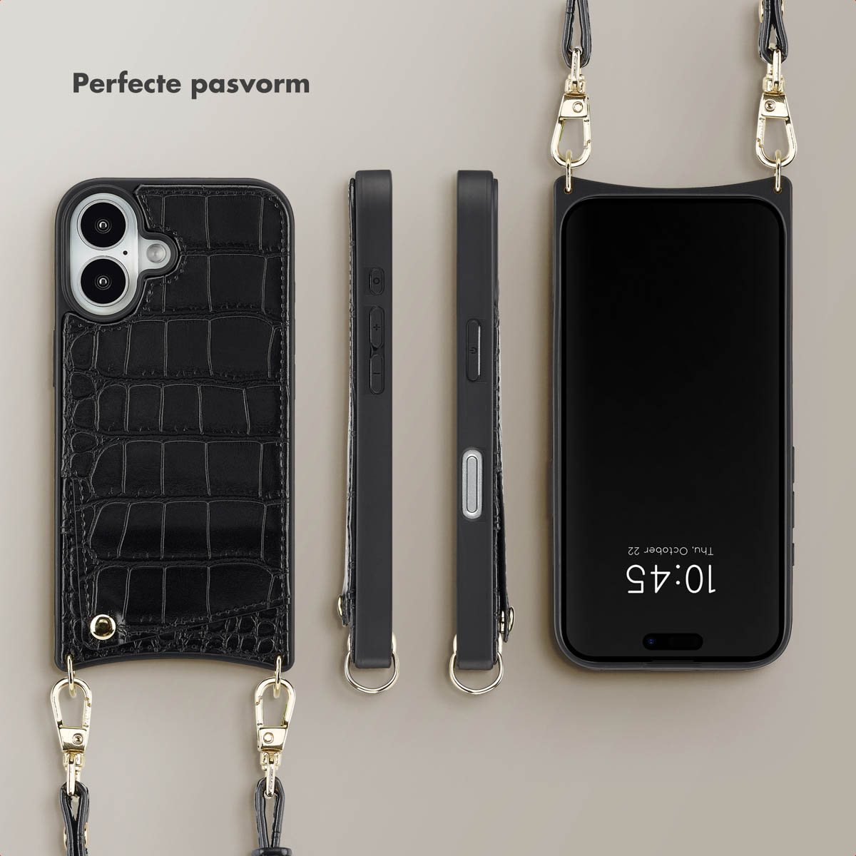 SELENCIA Nova Croco Backcover met koord en pashouder - Geschikt voor Apple iPhone 16 - Telefoonhoesje voor Apple iPhone 16 Zwart