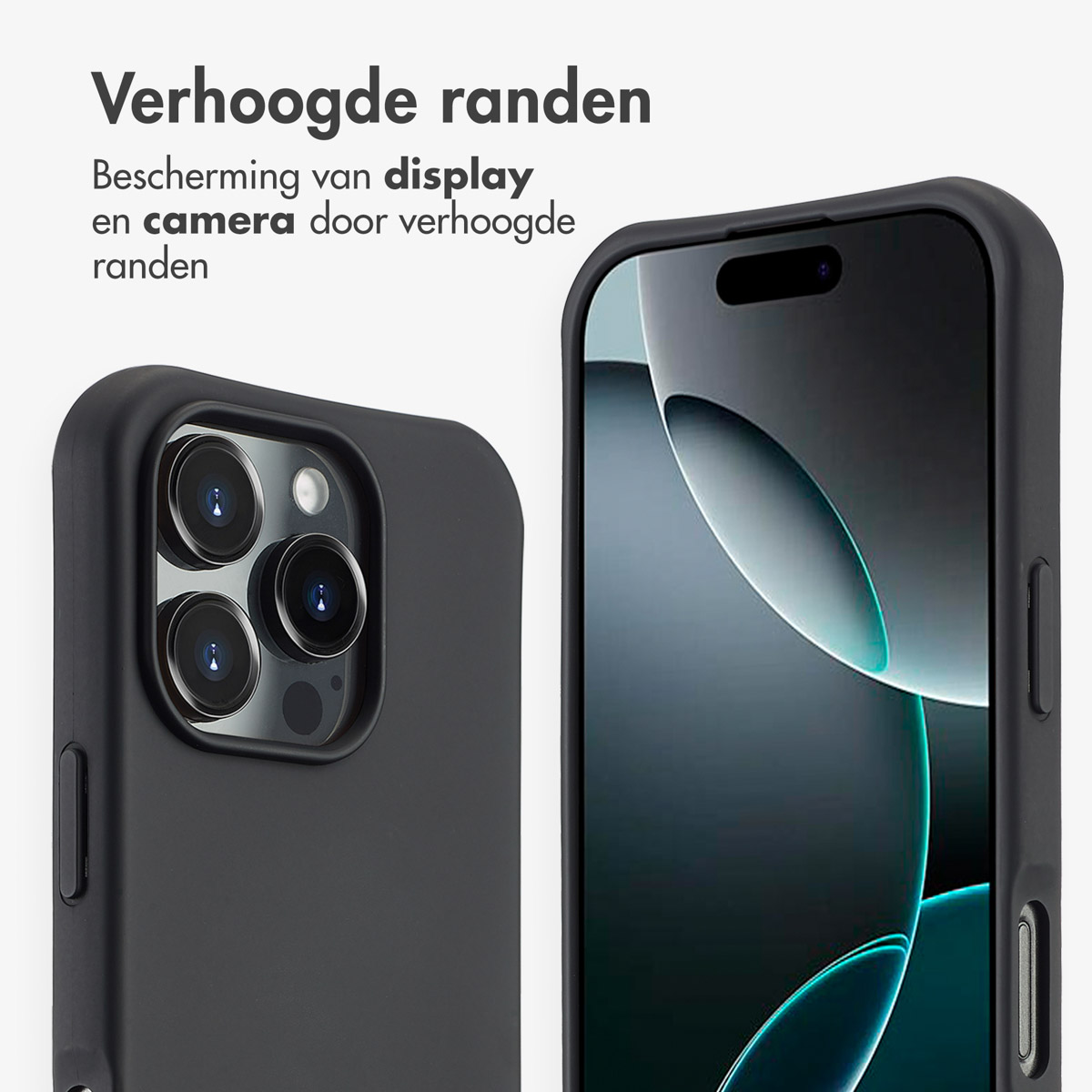 Zwarte telefoonhoes die de camera beschermt. Tekst in het Nederlands.