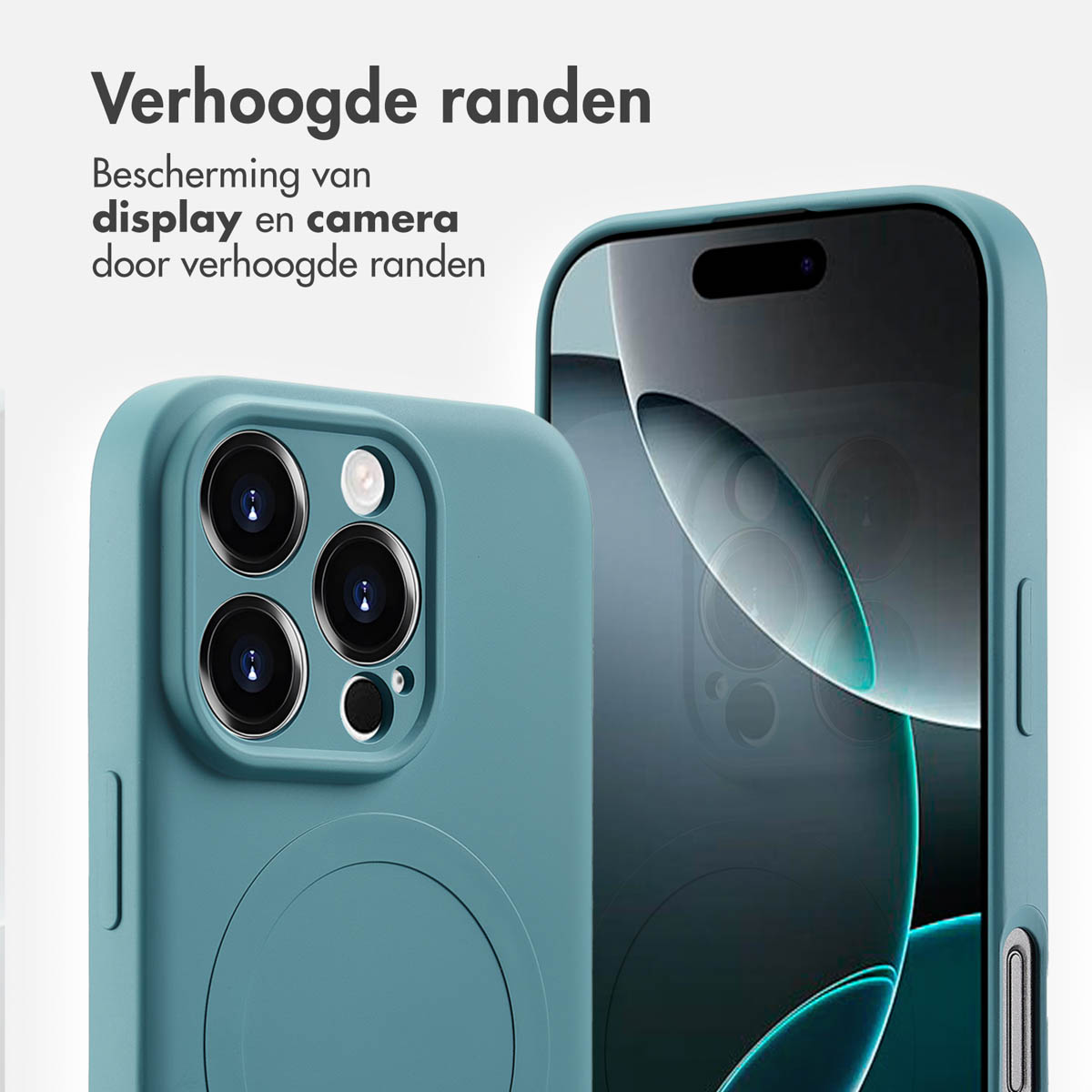 Petrol telefoonhoesje en telefoon met scherm. Verhoogde randen, duidelijke MagSafe cirkel.