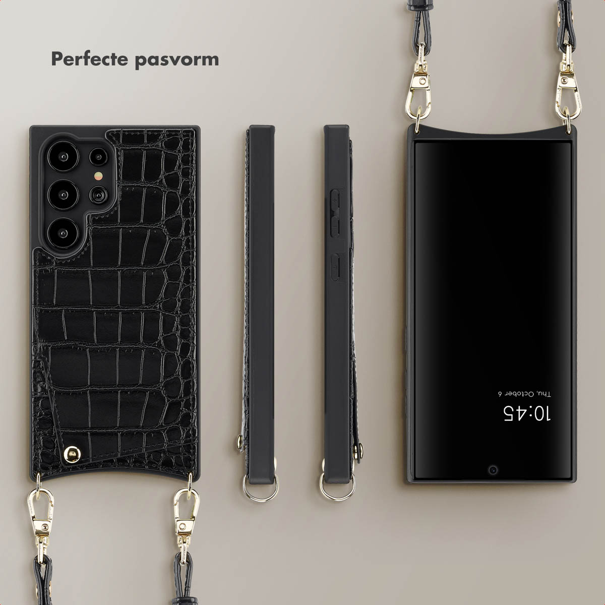 SELENCIA Nova Croco Backcover met koord en pashouder - Geschikt voor Samsung Galaxy S24 Ultra - Telefoonhoesje voor Samsung Samsung Galaxy S24 Ultra Zwart
