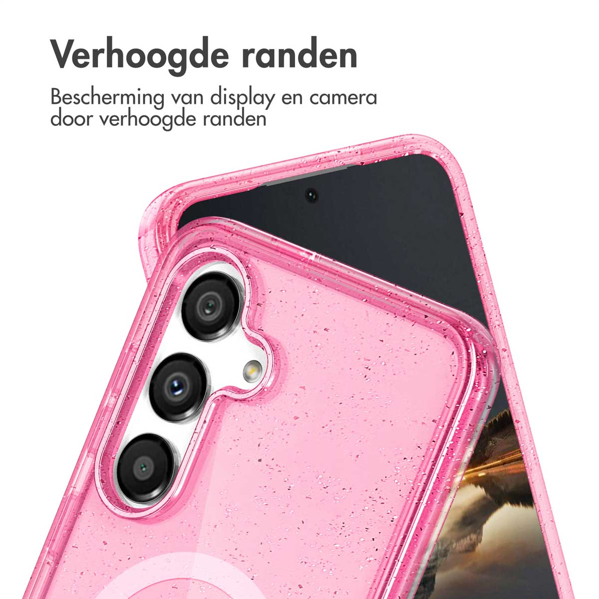 Roze telefoonhoesje met verhoogde randen en een scherm. Tekst zegt: 'Bescherming van display en camera'.