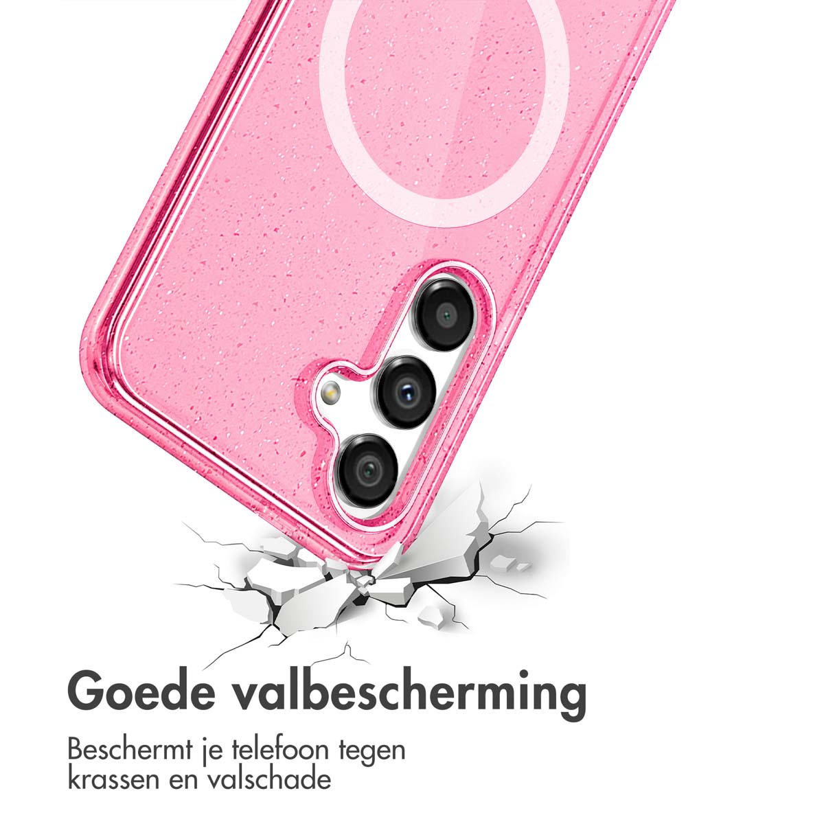 Roze telefoonhoesje dat een oppervlak breekt. Witte achtergrond met tekst over bescherming.