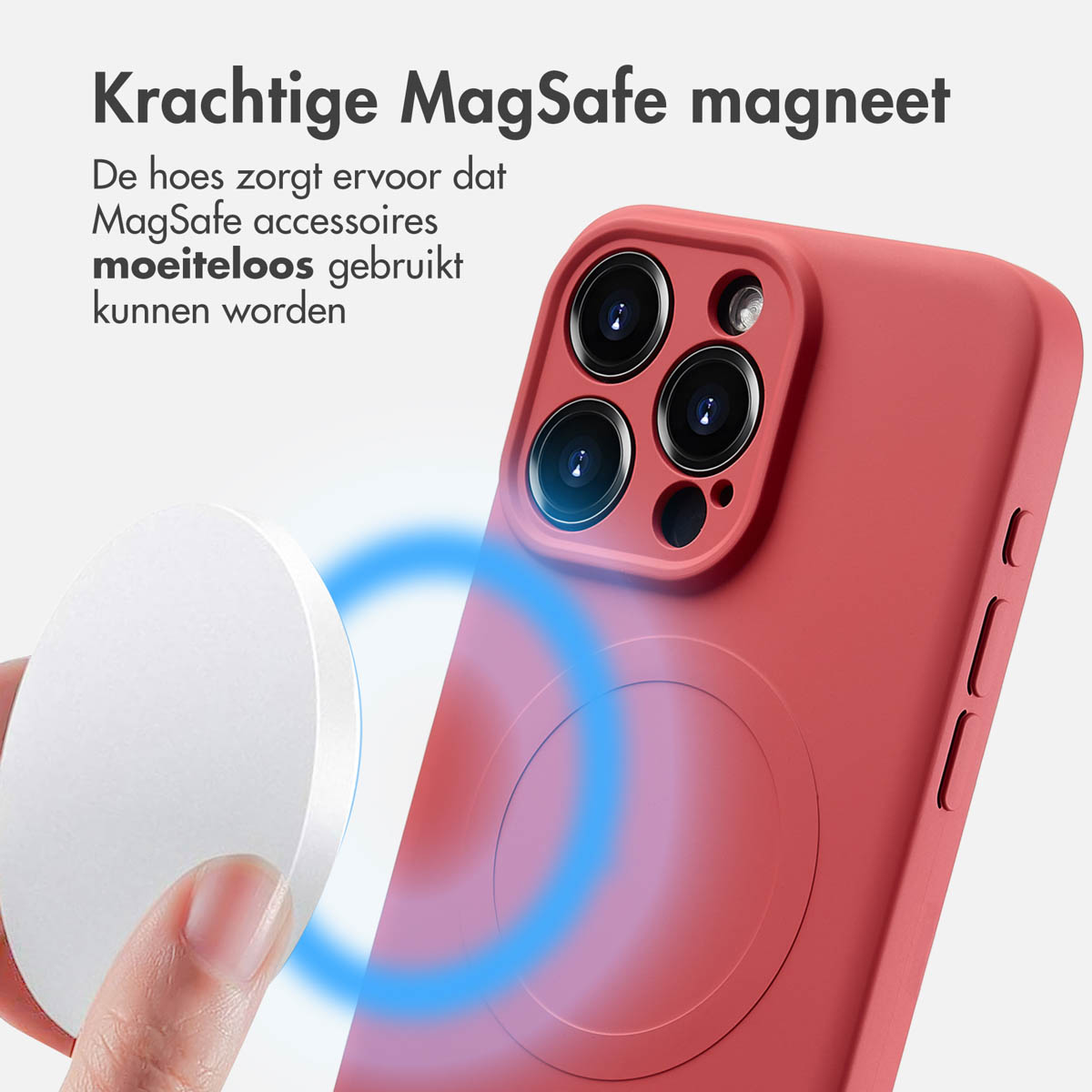 Rode telefoonhoes met telefoon. Tekst: Sterke MagSafe magneet. Hand houdt MagSafe accessoire vast.