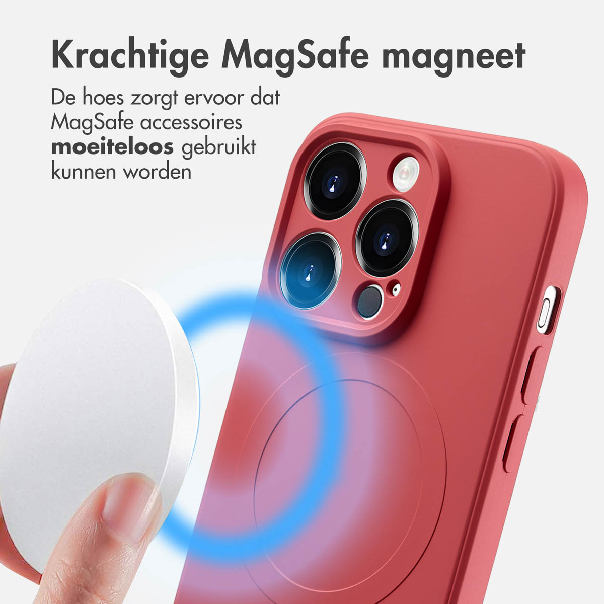 Rode telefoonhoes met een witte cirkel en een witte schijf. De hoes zit op een telefoon.