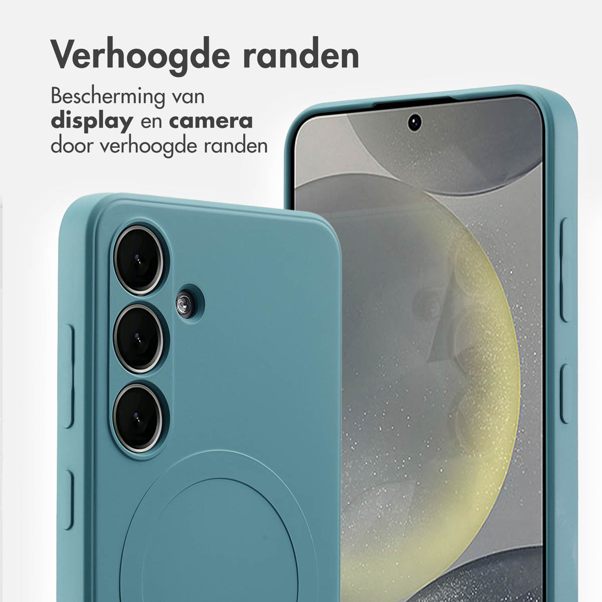Blauw telefoonhoesje met een telefoon, met de camera en het scherm met het woord 'display'.