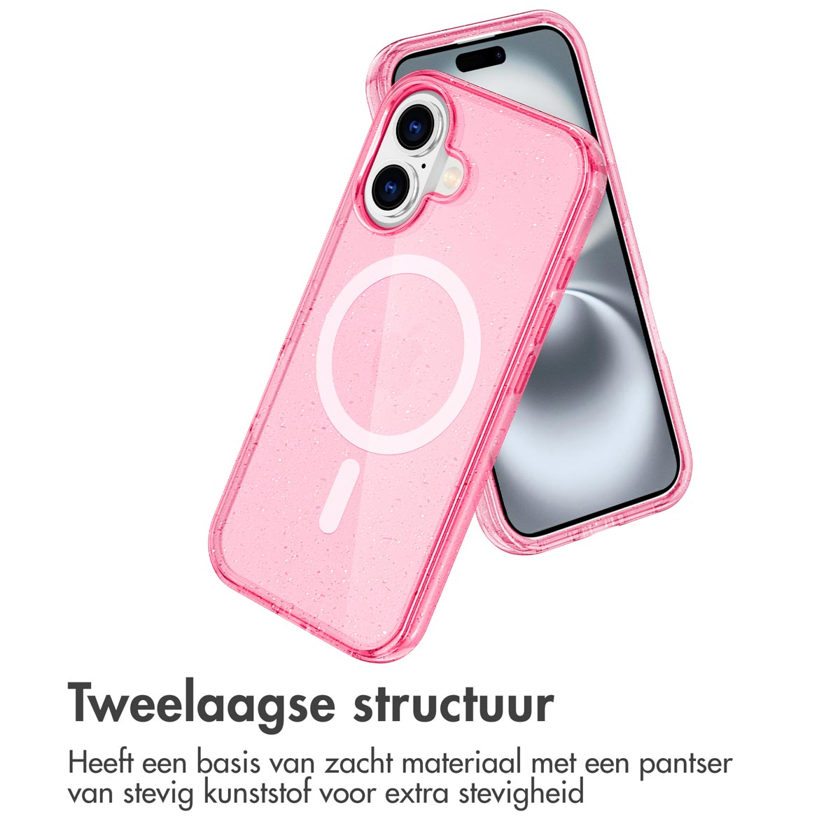 Roze telefoonhoesje met MagSafe-oplader. Tekst: Twee laags structuur, zacht materiaal basis, hard plastic pantser.