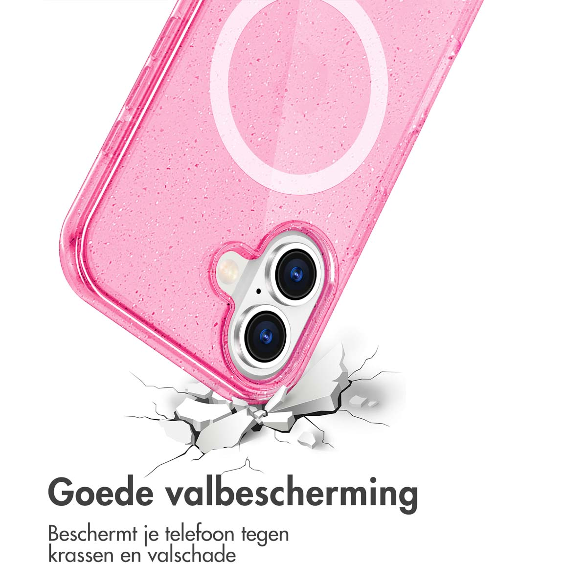 Roze telefoonhoes op een wit oppervlak, met bescherming tegen krassen, met Nederlandse tekst.