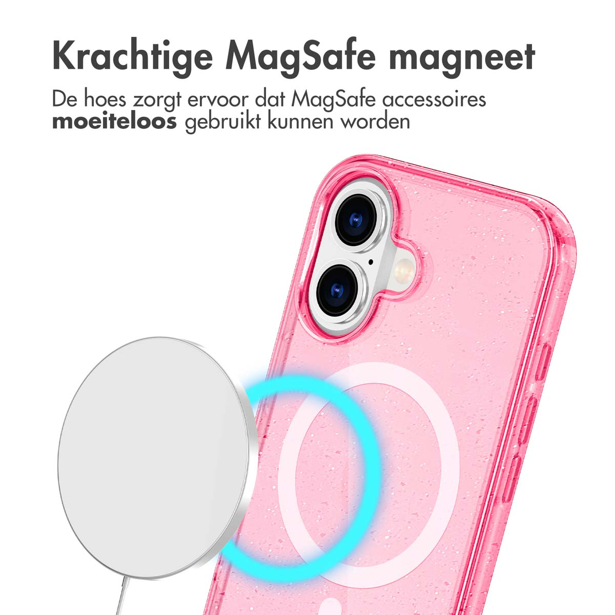 Roze glitter telefoonhoesje met een MagSafe cirkel en een witte MagSafe oplader. Telefoonhoesje is roze.