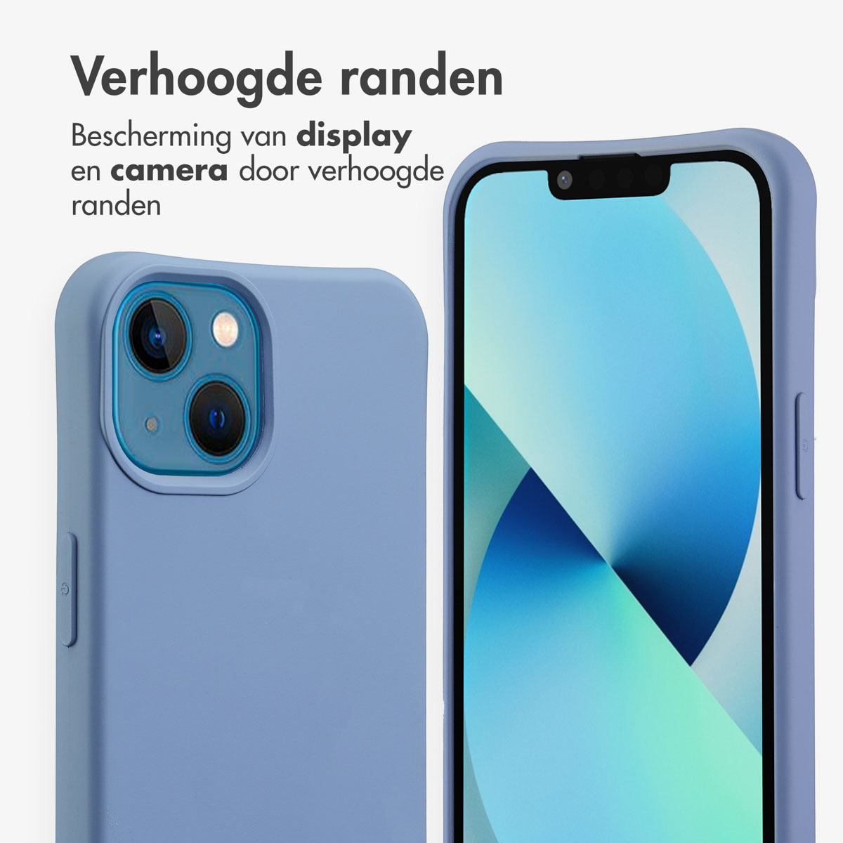 Deux coques de téléphone, une bleue, une montrant le téléphone, affichant l'écran. La coque bleue à côté.