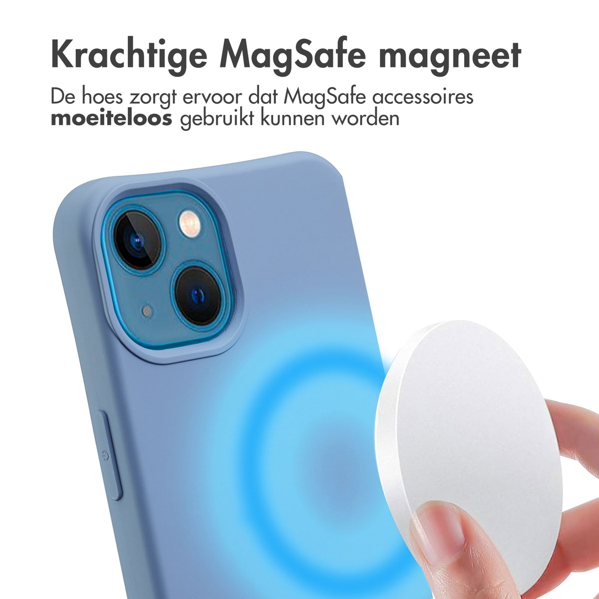 Une coque de téléphone avec un dos bleu et un cercle magnétique blanc. Un objet blanc est montré.